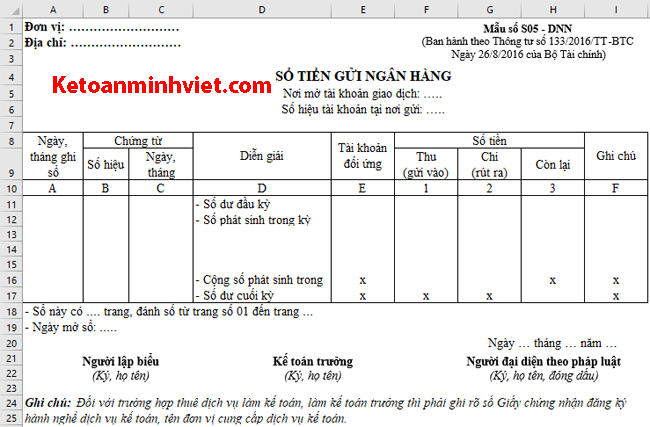cách lập sổ tiền gửi ngân hàng theo thông tư 133