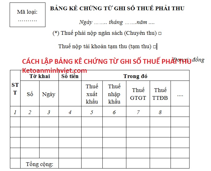 mẫu 01/BK-HQ bảng kê chứng từ ghi số thuế phải thu